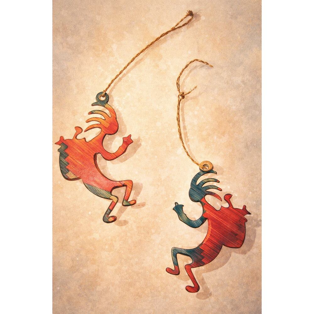 Pair of 4‑Inch Kokopelli Ornaments, Southwestern Folk Art Dancing Figures